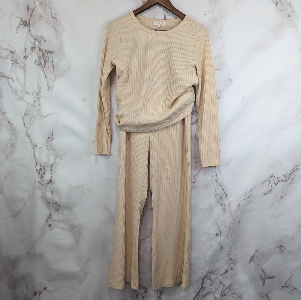 Roolee Wide Leg Set Small Beige Ribbed Crop High Rise Lettuce Hem Top Pant Long